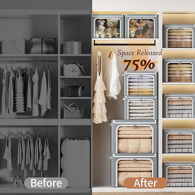 Yecaye Clothes Storage Bins with Metal Frame, Foldable Clothing Storage Bin with Lid, Stackable Oxford Fabric Organizer Box With Clear Window & Zippers & PU Leather Handles (6 Pack,Grey,40L)