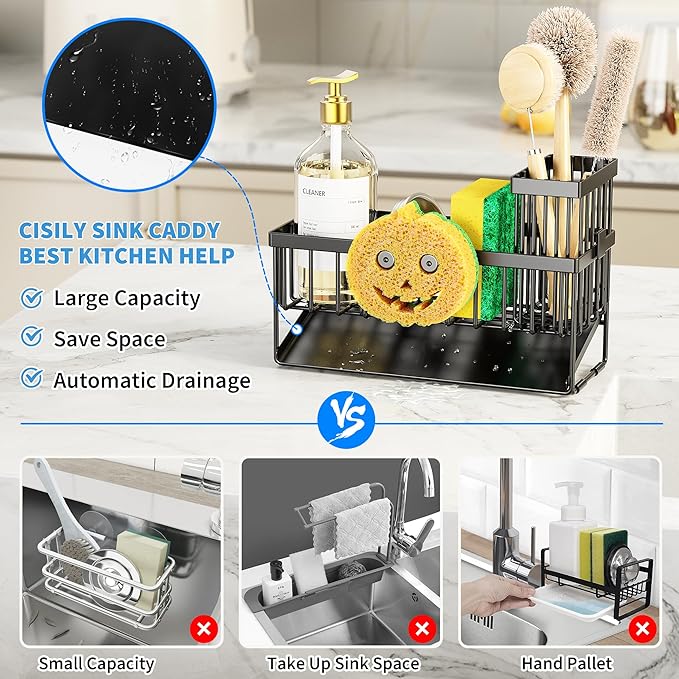 Cisily Kitchen Sink Caddy Organzier with High Brush Holder, 9.25″)