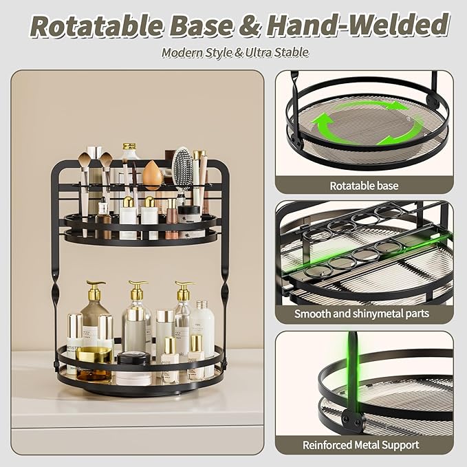 360° Rotating Makeup Organizer, 2-Tier Black Perfume Organizer for Dresser