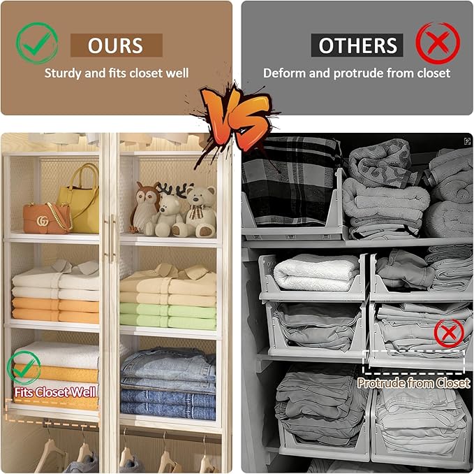 2 Pack Stackable Closet Organizers and Storage Basket, Closet Shelves with Wood Top Extra Storage, Multifunctional Clothes Organizer Bins/Cube Storage Drawer for Wardrobe Kitchen Laundry Room, White