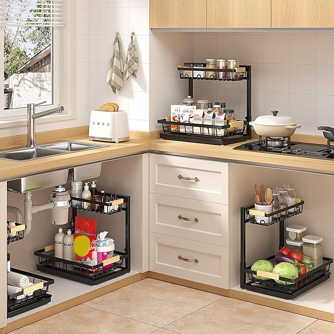Sevenblue 2 Packs Under Sink Organizer, Height Adjustable 2 Tier Under Kitchen Sink Organizer, Multi-Purpose Storage Shelf for Kitchen Bathroom Cabinet