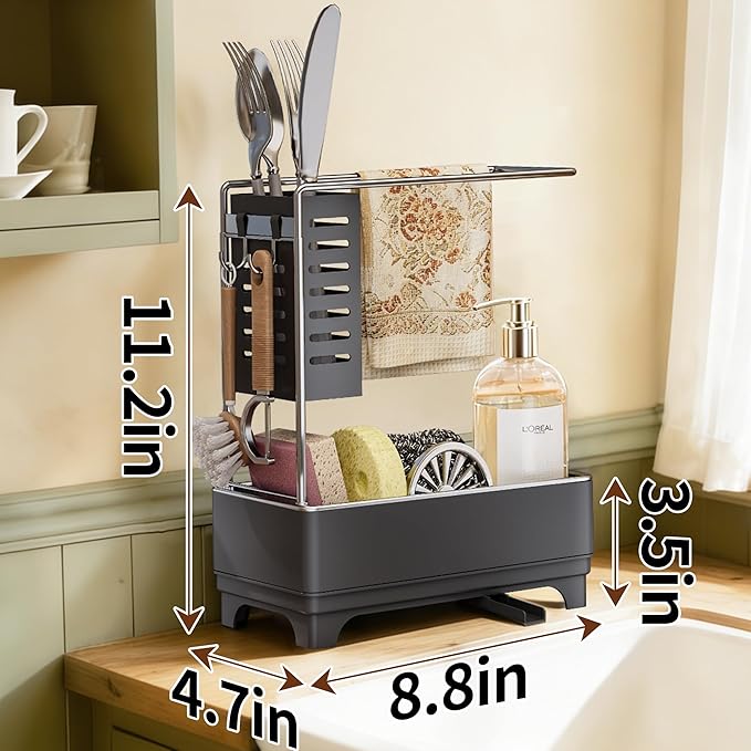 MOUKABAL Sponge Holder for Kitchen Sink, 2-Tier Sink Caddy Organizer with Drain Holes and Hooks, Holds Dishcloth, Sponge & Brushes, Kitchen Countertop Storage for New Home Essentials Grey