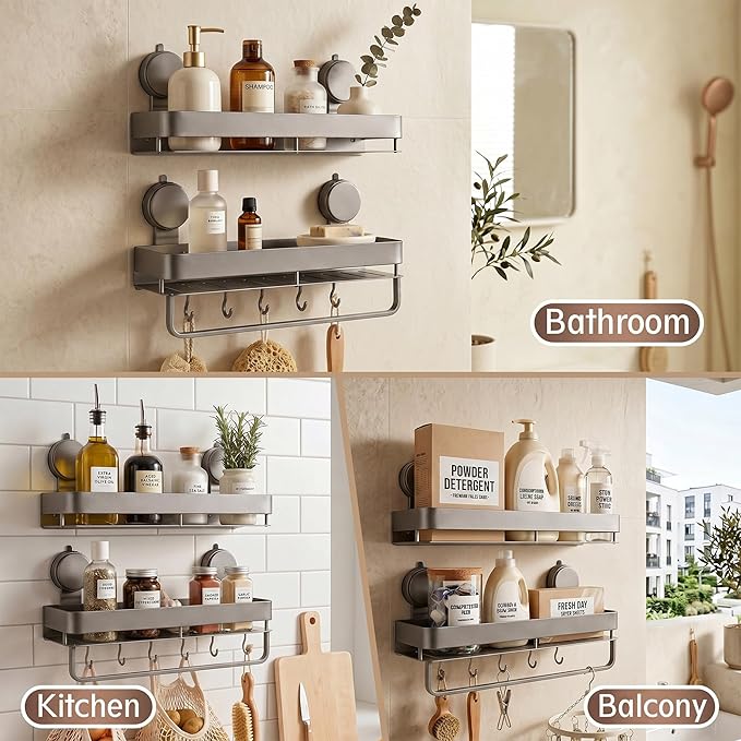 Wide Aluminum Suction Cup Shower Caddy(2-Pack Gray),Shower Shelves for Bathroom Wall,Wall Mounted Bathroom Shelves with Towel Bar & Hooks