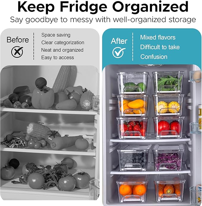4-Pack Stackable Fruit Storage Containers for Fridge, Clear Pull-Out Drawer Organizer Bins with Lids & Drain Tray, Keep Fresh, Removable Refrigerator Container for Berry, Veggie, Drinks, Food