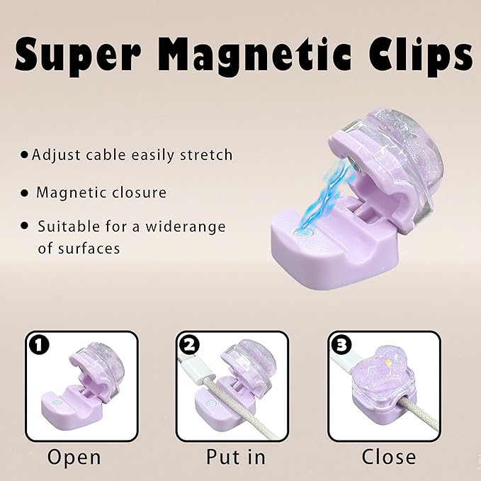 3Pack Magnetic Cable Clips for Nightstand, Adhesive Night-Glowing Cord Holder Organizer for Office Home Desk Wall Car (Heart)