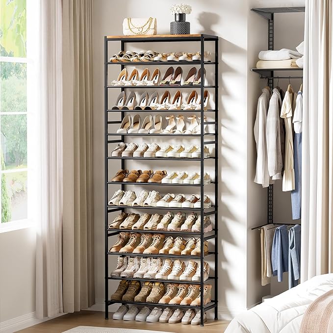 12-Tier Tall Shoe Rack Organizer Shoe Storage for Entryway 40-48 Pairs Metal Shoe Rack for Closet Heavy-Duty Shoe Rack with Wooden Top Shelf for Garage Rustic Brown