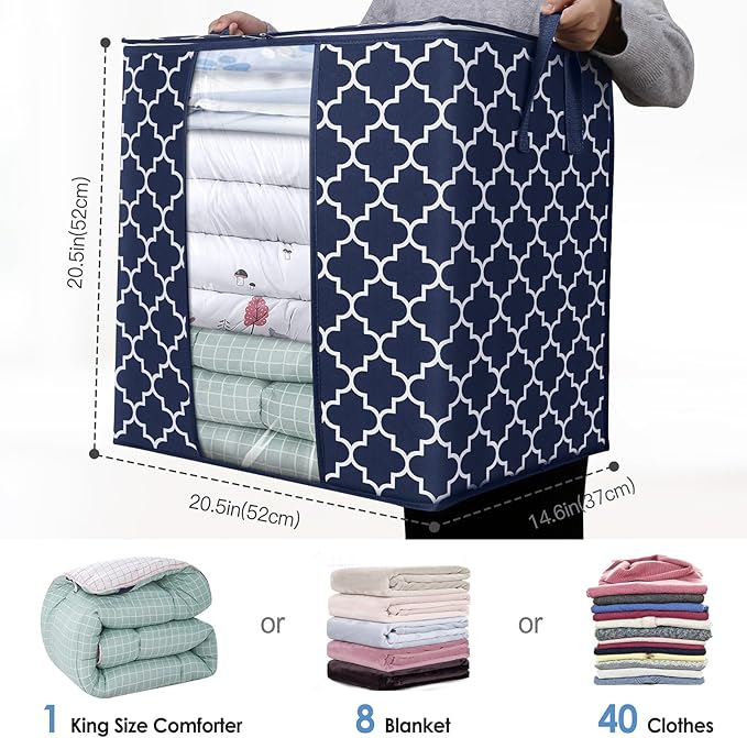 WISELIFE Storage Bags 3 Pack/100L Large Blanket Clothes Organization and Storage Containers for Comforters,Bedding, Foldable Organizer with Reinforced Handle, Clear Window, Sturdy Zippers,Blue