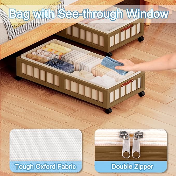 2-Pack Bamboo Under Bed Storage with Wheels, Brown
