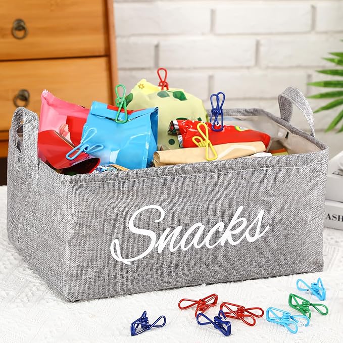 Newtay 17 Pcs Snack Basket Sets, Snack Storage Bin for Pantry Shelves with 16 Pcs 2 Inch Chip Clips, Basket Organizer for Kitchen Home, Chips, Popcorn, Candy, Pretzels(Burlap,Grey)