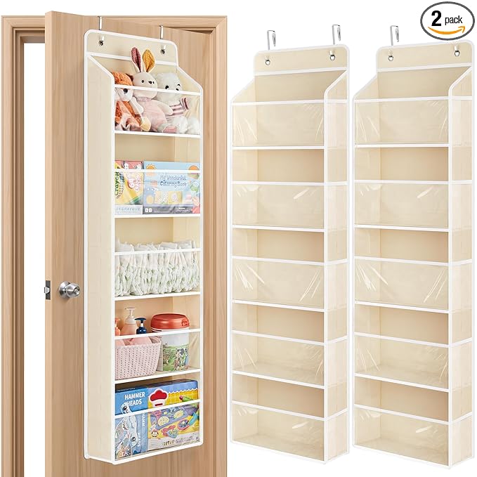 JARLINK 2 Pack Toy Stuffed Animal Storage, Over The Door Organizer W/Clear View Windows, 44lb Load, Baby Toy Storage Organizer for Nursery, Kid Bedroom, Newborn Baby Essentials (Beige)