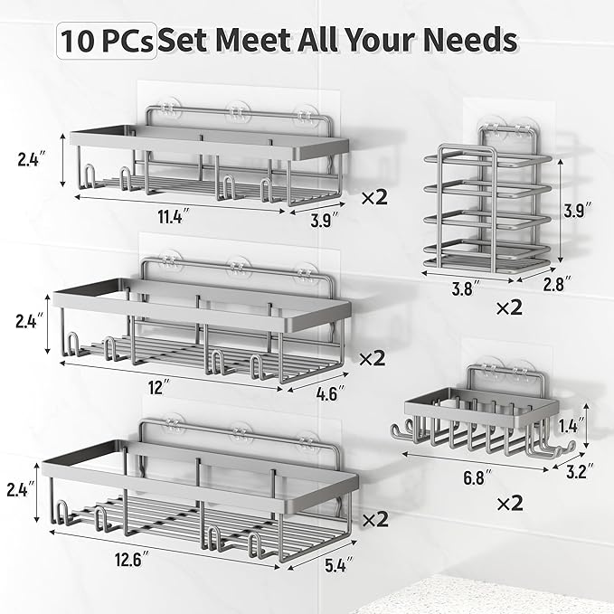 10 Pack Shower Caddy Organizer Rack Shelf for Inside Shower, Grey