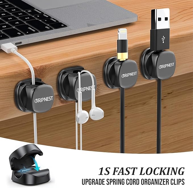 Never-Lose 1s Lock Spring Cable Solution – Rotatable Cable Clips, Strong Adhesive Cord Organizer & Wire Holder for Desk, Car, Wall & Nightstand, Tangle-Free Cable Management, 12 Pack (Black)