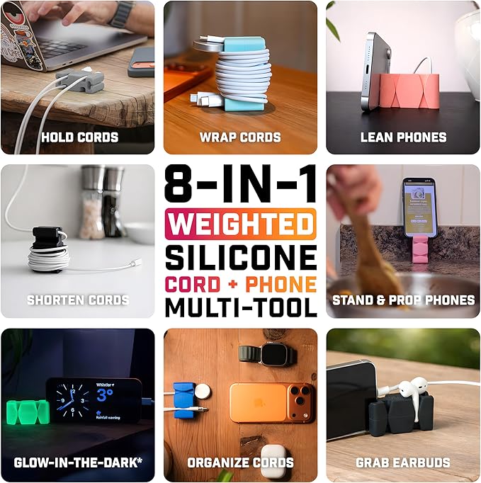 CordBrick 6PK Silicone & Steel Weighted Cord Holders for Bedside. Travel Phone Cable Organizers. Multiuse iPhone Accessories. Small Gifts for Him, College Student. Tech Gadgets for Teenagers. Green