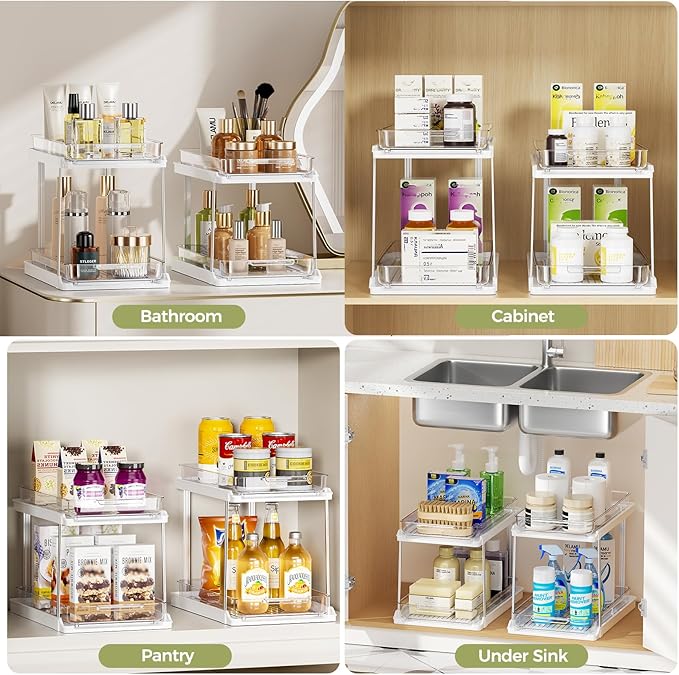 Delamu 2-Tier Bathroom Under Sink Organizers and Storage, Pull Out Cabinet Drawers with Anti-Slip Design, Multi-Purpose Storage for Kitchen, Pantry, Bathroom & Home Organization, White, 2 Pack