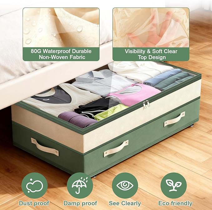Dolicer 4 Pack Under Bed Storage with Wheels, Green