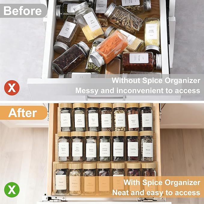 Spice Drawer Organizer with 24 Bamboo-lidded Spice Jars,216 Labels,25 Non-slip Rubber, Bamboo 4 Tier Seasoning Rack Tray Insert for Kitchen Drawers,Cabinets,Countertop,11" Wide x 15.8" Deep