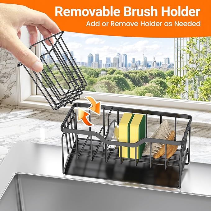 Kitchen Sink Caddy Organizer, Rustproof Sponge Holder for Kitchen Sink, Black
