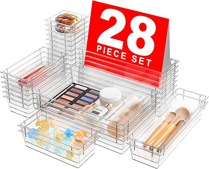 A-LuGei 【Military Grade Drawer Organizer, 【𝟱𝗦𝗶𝘇𝗲】 Makeup organizer, 【Holds 177 Items】 Bathroom Organizers and Storage, Organization and Storage, Desk Drawer Organizer for Vanity (Clear)