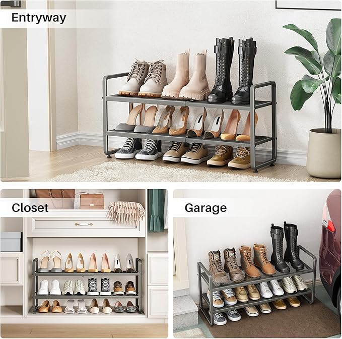 SNTD Shoe Rack - Expandable Shoe Organizer for Closet, Adjustable Metal Shoe Shelf Storage, Stackable Long Shoe Stand Holder for Garage, Entryway, Door Entrance (Grey, 2-Tier)
