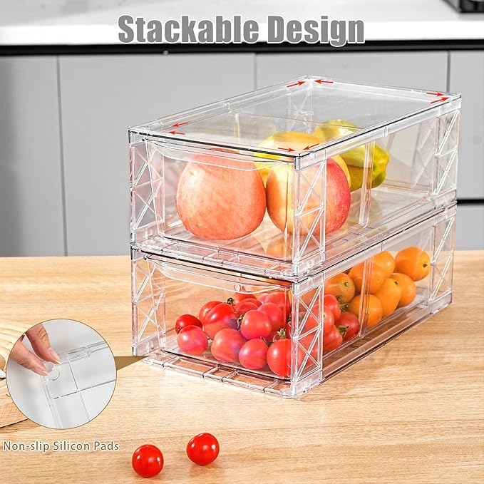 Clemate 4Pack Clear Stackable Kitchen Storage Organizer,Pantry Organizers and Storage,Foods Organizer Bins with Handles, Easily Assemble for Bathroom, Kitchen, Refrigerator, Pantry, Cabinet, Closet
