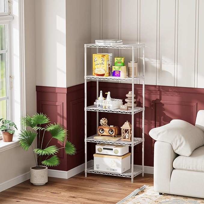 Golpart 5 Tier Adjustable Storage Shelves Heavy Duty Metal Utility Shelf 750LBS Capacity Wire Shelving Unit Organizer Rack for Home Kitchen Office Bathroom Pantry Room 12" D x 22" W x 59" H White