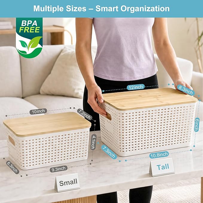 2 Pack Tall Plastic Storage Bins with Bamboo Lids, Cream White