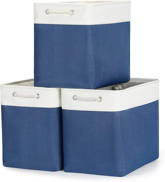 Bidtakay Extra Large Storage Baskets for Shelves 3 Pack Fabric Storage Bins for Organizing Linen Collapsible Organizer for Closet-White&Blue