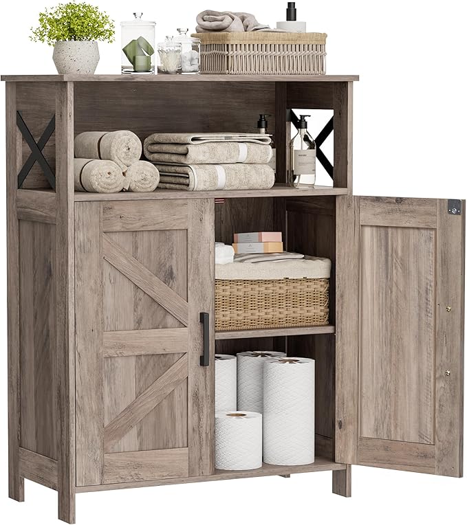 Homhedy Farmhouse Bathroom Storage Cabinet with 2 Doors, Toilet Paper Cabinet with Adjustable Shelf, Small Bathroom Cabinet for Kitchen/Laundry/Living Room, 11.8 x 23.6 x 31.5 Inches, Greige