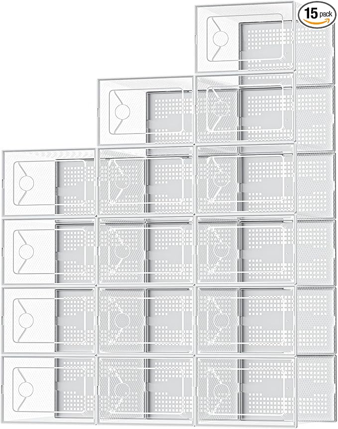 Shoe Storage Boxes, 15-Pack Stackable Clear Shoe Organizers with Lids