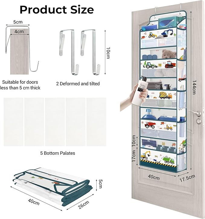 Clastyle Car Over the Door Organizer Nursery Hanging Storage Organizer for Boys Clothes Diaper Toy Closet Door Hanging Shelf Storage for Bedroom Bathroom Pantry, Construction Vehicle, 5-Tier
