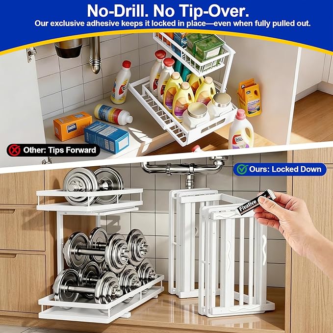 Under Sink Organizer, Dual-Rail Ball-Bearing, Under Kitchen Sink Organizer, 6-Level Adjustable, Under Cabinet Organizer, No-Drill Adhesive/Suction, Under Sink Storage (White, Double Layer - 2 Pack)