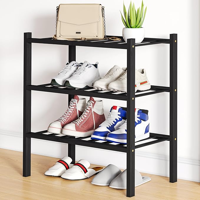 Smiry Small Bamboo Shoe Rack, 3 Tier Free Standing Wooden Shoe Organizer, Stackable Wood Shoe Storage Shelf for Closet, Entryway, 12 Vertical Slats, 2+1 Stack Standard Legs, 17.3"x11"x19.5", Black