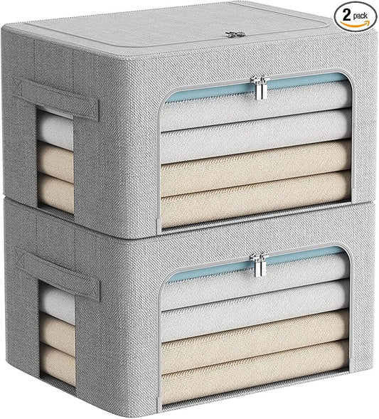 FHSQX 2 Pack Clothes Storage Bins Stackable Metal Frame Storage Box Foldable Linen Fabric Organizer with Carrying Handles and Clear Window (Light Gray, 15.7x 11.8x 7.8Inch)