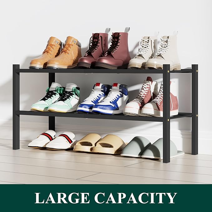Smiry Bamboo Shoe Rack, 2 Tier Free Standing Wooden Shoe Organizer, Stackable Wood Shoe Storage Shelf for Closet, Entryway, 12 Vertical Slats, One-piece Standard Legs, 26.8"x11"x13", Black