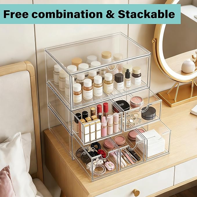 Prsildan Stackable Clear Makeup Organizer Acrylic Storage Drawers with 2 Drawers for Vanity Bathroom Office Desk Modular Drawer System for Cosmetics Jewelry Toiletries Home Organization