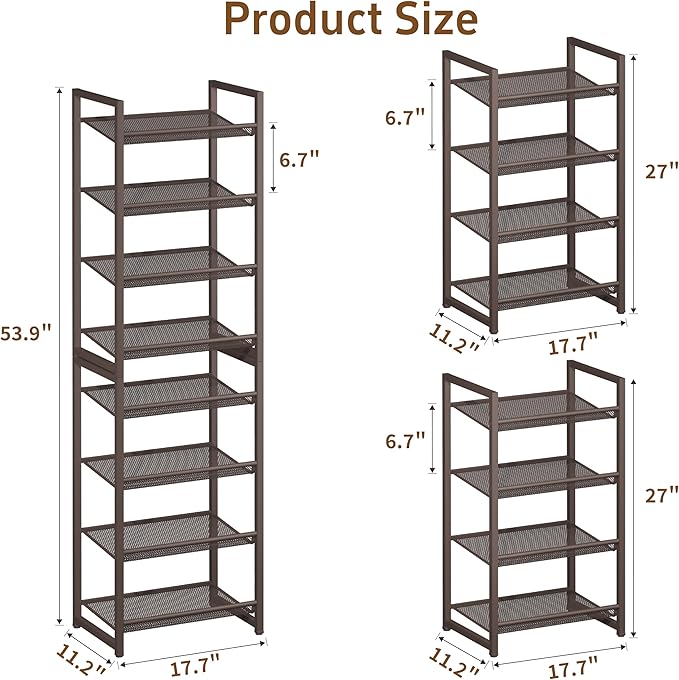 Tall Narrow Shoe Rack, 8 Tier Stackable Shoe Stand for 16-20 Pairs, Heavy Duty Shoe Organizer for Small Space Closet Bedroom, Bronze