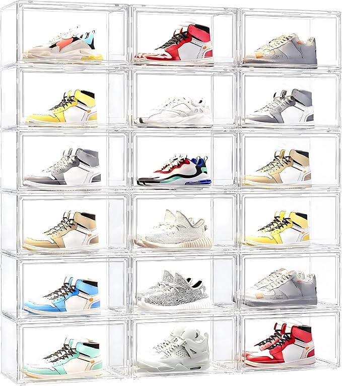 MMBABY 12 Pack Acrylic Clear Shoe Boxes– Ultra Clear Plastic Stackable Sneaker Storage For Sneakerhead. Professional Grade Shoe Display Case with Magnetic Door.Fits US Size 15