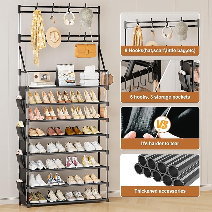 OYREL Shoe Rack 8 Tier Large Shoe Organizer Storage 32-40 Pairs Metal Shoe Storage Rack with Hooks and Side Pocket for Entrance Entryway Closet Shoe Shelf Holder