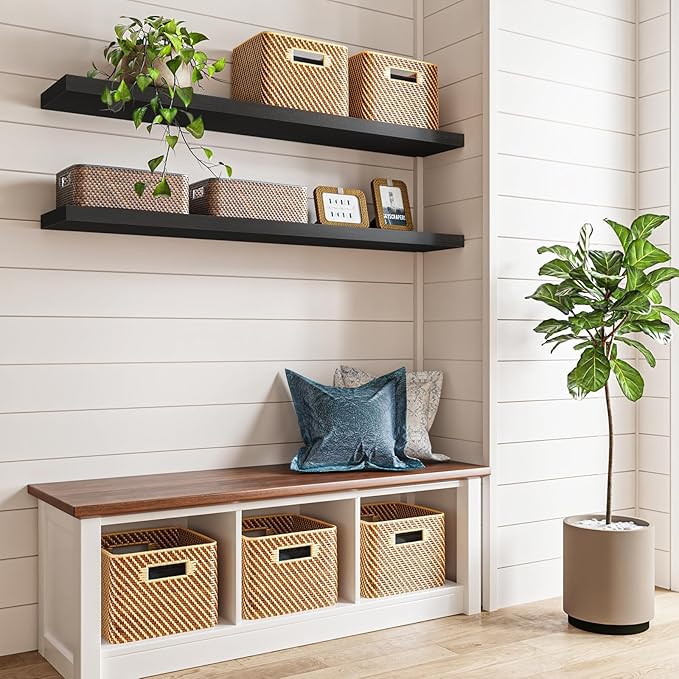 Fixwal Floating Shelves for Wall, 47" Long Heavy Duty Wall Mounted Rustic Wood Shelves for Living Room, Bedroom, Bathroom and Kitchen, Wall Shelves for Storage, Books, Room Decor (Black, Set of 2)
