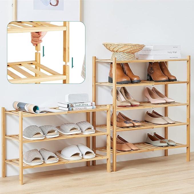 viewcare 5-Tier Bamboo Shoe Rack for Entryway, Stackable | Foldable | Natural, Shoe Organizer for Hallway Closet, Standing Shoe Racks for Indoor Outdoor