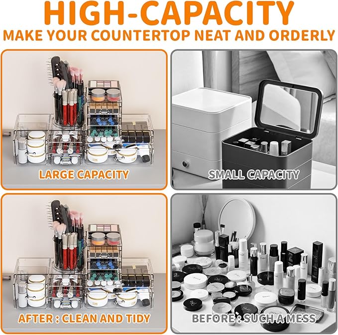 3 Pack Clear Acrylic Makeup Organizer for Vanity With 9 Drawer