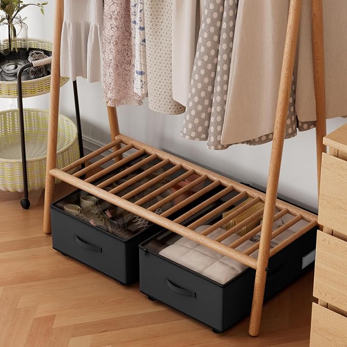 Under Bed Storage with Wheels,Under Bed Shoe Storage Organizers,Underbed Storage Bins,Rolling Under the Bed Storage Containers for Shoes Clothes in Dorm Bedroom,2 Pack（Black）