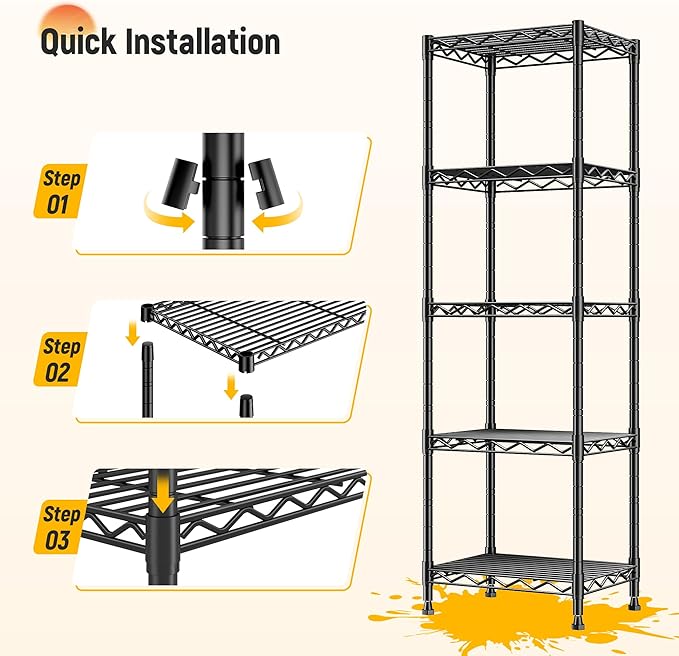 DurayLoly 5-Tier Narrow Shelf for Small Spaces, 15.8" W Metal Shelving Unit, Adjustable Wire Rack, Freestanding Storage for Bathroom, Laundry, Kitchen Pantry, Black