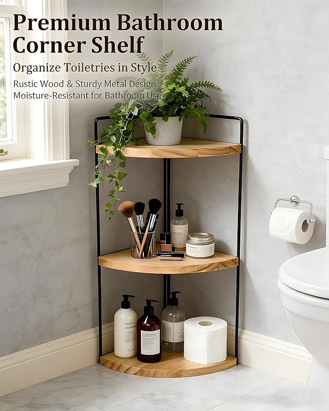 3-Tier Corner Bathroom Countertop Organizer, Solid Pine Wood Vanity Corner Shelf for Skincare & Makeup, Waterproof Standing Rack for Bathroom, Kitchen & Dresser, Large 15.7" H, Natural Wood