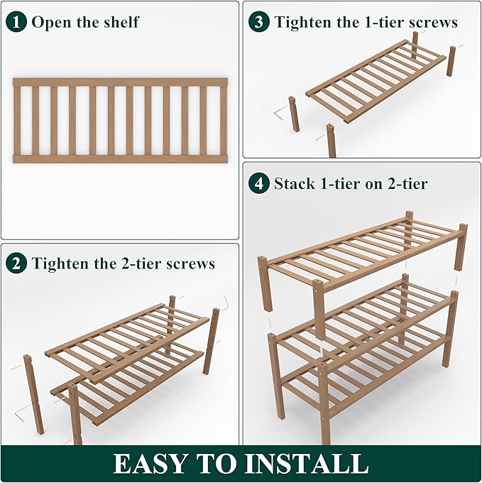 Smiry Bamboo Shoe Rack, 3 Tier Free Standing Wooden Shoe Organizer, Stackable Wood Shoe Storage Shelf for Closet, Entryway, 14 Vertical Slats, 2+1 Stack Heavy-Duty Legs, 26.8"x11"x19.5", Walnut