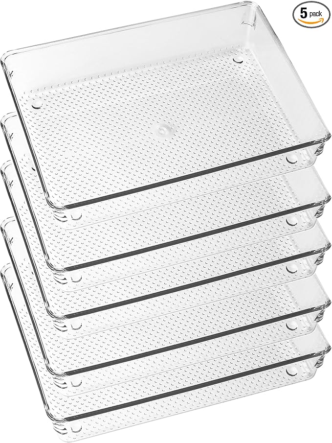 5 Pack Clear Plastic Drawer Organizer Tray Cutlery Utensil Makeups Drawer Silverware Organizers 6" X 9"