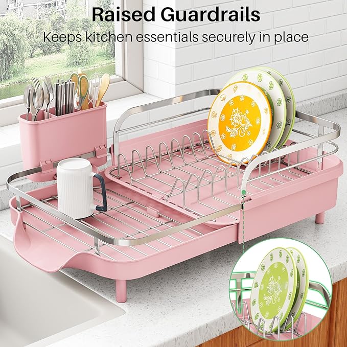 Dish Drying Rack, Expandable Dish Rack for Kitchen Counter, Pink