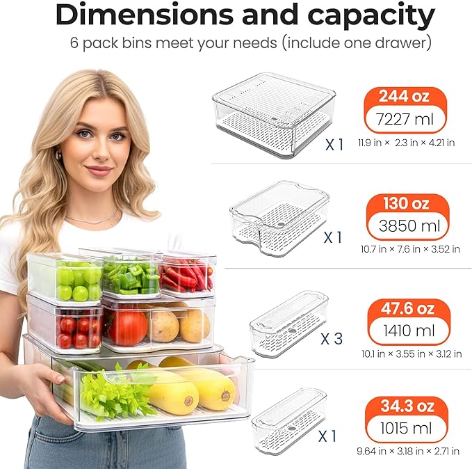 SMRCAD 6 Pack Refrigerator Organizers, Clear Pull-out Drawer Container and Organizer Bins with Lids, Stackable Storage Containers for Fruits, Vegetable (Set of 6 (Include Pull Out Drawer))