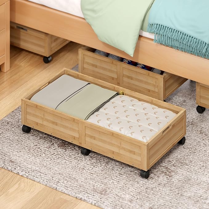 WISUCART Wood Under Bed Storage Containers Underbed Organizer with Wheels Sturdy Wood Rolling Under Bed Shoe Storage Organizer 2 Packs (Nature, Large)
