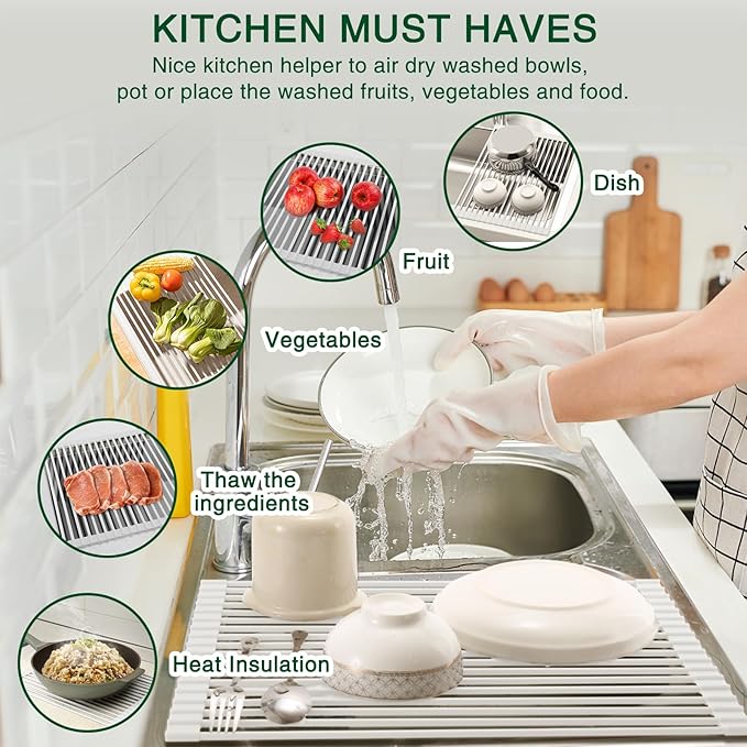 Hanzenma Roll Up Dish Drying Rack - Over The Sink, Multipurpose Foldable Sink Drying Mat, Heat-Resistant, Anti-Slip & Anti-Rust, 17" x 13", White